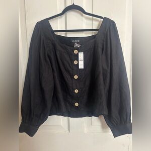 J Crew square neck button up linen top, boxy cut, size large, black, nwt